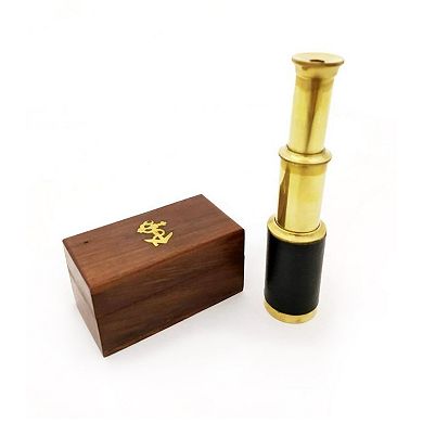 Small Brass Telescope with Pullout Wooden Box, Gold and Brown