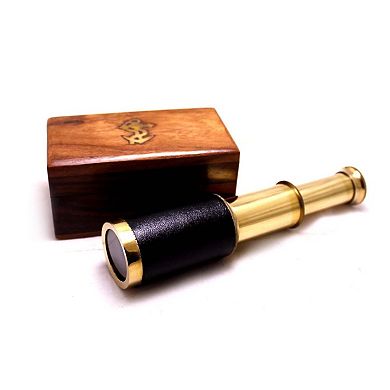 Small Brass Telescope with Pullout Wooden Box, Gold and Brown