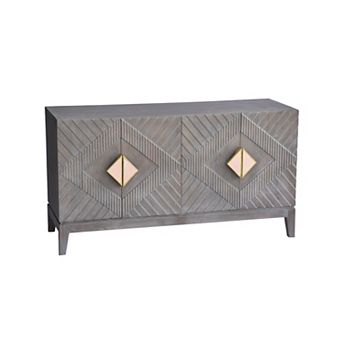 Abiel 55 Inch Mango Wood Sideboard Buffet Cabinet Console, 4 Doors, Shelf, Diamond Carving, Gray