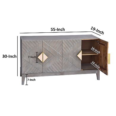 Abiel 55 Inch Mango Wood Sideboard Buffet Cabinet Console, 4 Doors, Shelf, Diamond Carving, Gray