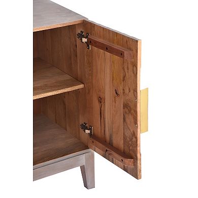 Abiel 55 Inch Mango Wood Sideboard Buffet Cabinet Console, 4 Doors, Shelf, Diamond Carving, Gray