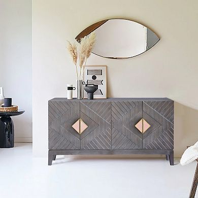 Abiel 55 Inch Mango Wood Sideboard Buffet Cabinet Console, 4 Doors, Shelf, Diamond Carving, Gray
