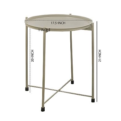 18 Inch Modern Side End Table, Round Metal Tray Top, Foldable Legs, Beige