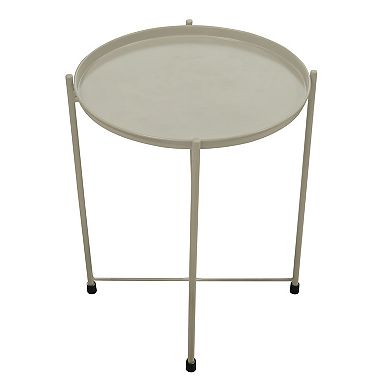 18 Inch Modern Side End Table, Round Metal Tray Top, Foldable Legs, Beige