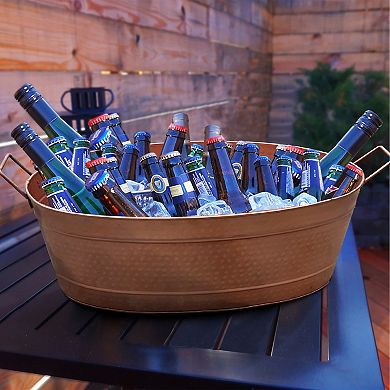 Thea Oval Shape Hammered Texture Metal Tub With 2 Side Handles, Copper