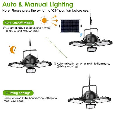 Black, Waterproof Solar Pendant Lights 120° Adjustable Garage Light With 3 Timing Modes
