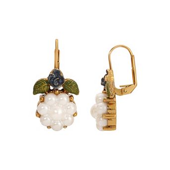 1928 Gold Tone Faux Pearl Enamel Flower Leverback Earrings