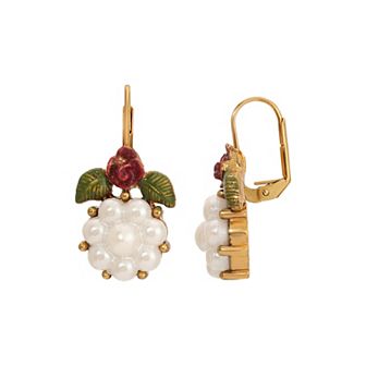 1928 Gold Tone Faux Pearl Enamel Flower Leverback Earrings