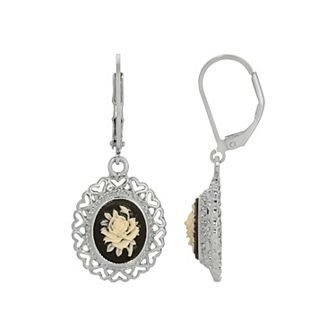 1928 Silver Tone Black & Ivory Flower Cameo Drop Earrings
