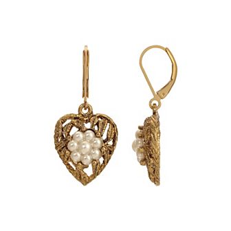 1928 Gold Tone Filigree & Faux Pearl Leverback Earrings