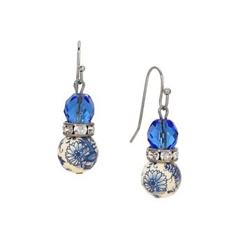 1928 Silver Tone Blue & Floral Bead Drop Earrings
