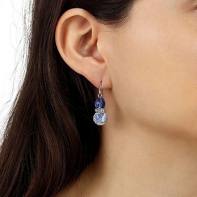 1928 Silver Tone Blue & Floral Bead Drop Earrings