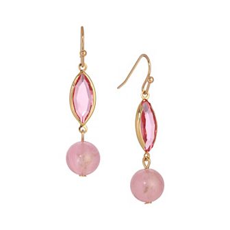 1928 Gold Tone Pink Bead & Facet Drop Wire Earrings