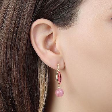1928 Gold Tone Pink Bead & Facet Drop Wire Earrings
