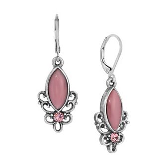 1928 Silver Tone Pink Facet & Crystals Leverback Earrings
