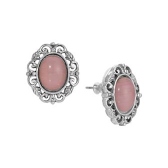 1928 Silver Tone Pink Oval Simulated Stone Filigree Stud Earrings