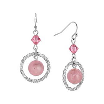 1928 Silver Tone Pink Bead Circle Wire Earrings