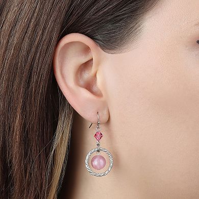 1928 Silver Tone Pink Bead Circle Wire Earrings
