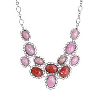 1928 Silver Tone Pink & Red Oval Cabochon Statement Necklace