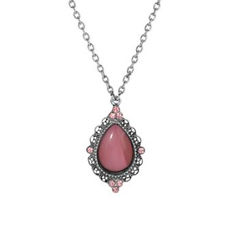 1928 Silver Tone Pink Teardrop Simulated Stone Pendant & Crystals Necklace