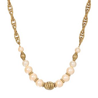 1928 Gold Tone Simulated Pearl Rondell Necklace