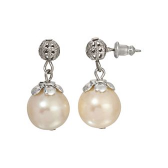 1928 Silver Tone Filigree & Faux Pearl Drop Earrings