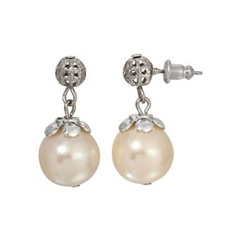 1928 Silver Tone Filigree & Faux Pearl Drop Earrings