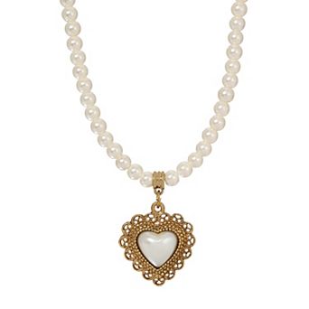 1928 Gold Tone Faux Pearl Heart Shaped Necklace