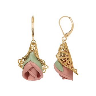 1928 Gold Tone Pink Porcelain Rose Leverback Earrings