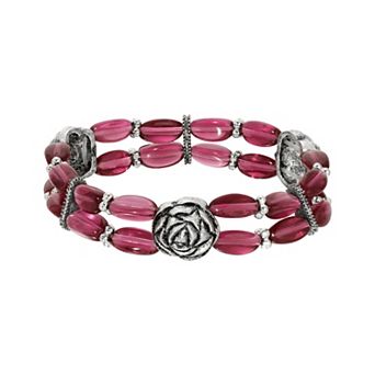 1928 Silver Tone Pewter Rose Purple Bead Stretch Bracelet