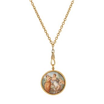 1928 Gold Tone Glass Stone Cameo Locket Pendant Necklace