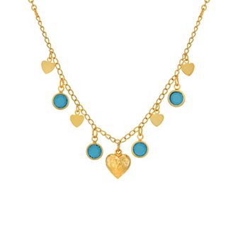 1928 Gold Tone Blue Zircon Channel Set Crystals & Hearts Drop Necklace