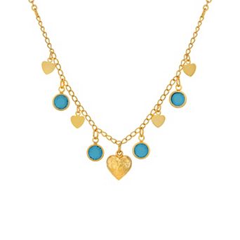 1928 Gold Tone Blue Zircon Channel Set Crystals & Hearts Drop Necklace