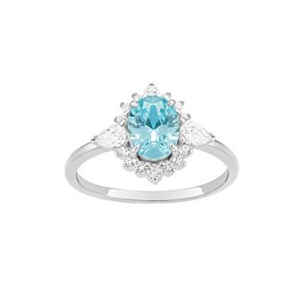 PRIMROSE Sterling Silver Aqua & White Cubic Zirconia Halo Ring