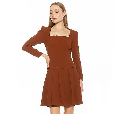 knee length dresses for ladies Brown Plaid Accent Puff Sleeve Mini Dress main image 0