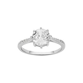 PRIMROSE Sterling Silver Round Cubic Zirconia Center Stone With Pave Cubic Zirconia Band Ring