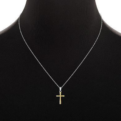 PRIMROSE Two Tone Sterling Silver 18k Gold Plated Hammered Cross Pendant Necklace