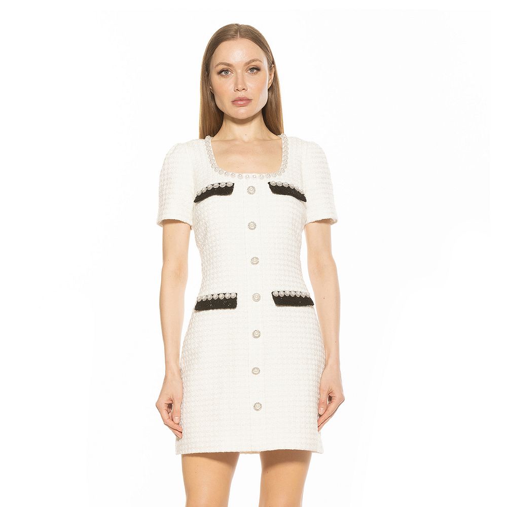 Alexia Admor Women's Aviva Scoop Neck Tweed Dress, Ivory, 10