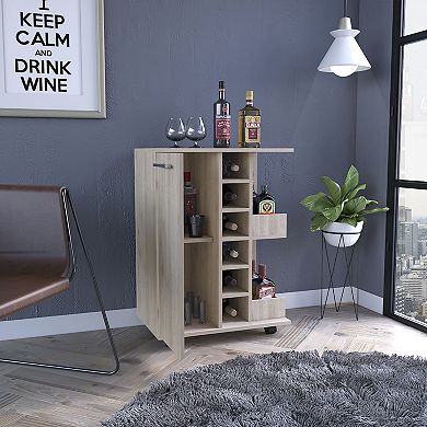DEPOT E-SHOP Magda Bar Cart, Four Casters,6 Built-in Wine Rack, Single Door Cabinet, Light Oak