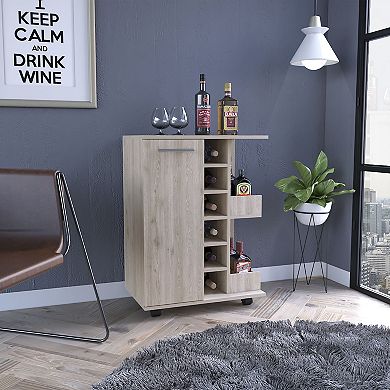DEPOT E-SHOP Magda Bar Cart, Four Casters,6 Built-in Wine Rack, Single Door Cabinet, Light Oak