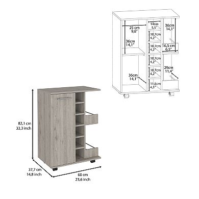 DEPOT E-SHOP Magda Bar Cart, Four Casters,6 Built-in Wine Rack, Single Door Cabinet, Light Oak