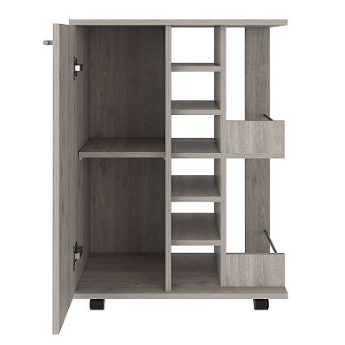 DEPOT E-SHOP Magda Bar Cart, Four Casters,6 Built-in Wine Rack, Single Door Cabinet, Light Oak