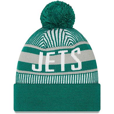 Men's New Era Green New York Jets Striped Cuffed Knit Hat with Pom