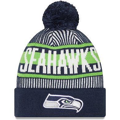 Men's New Era College Navy Seattle Seahawks Striped Cuffed Knit Hat with Pom