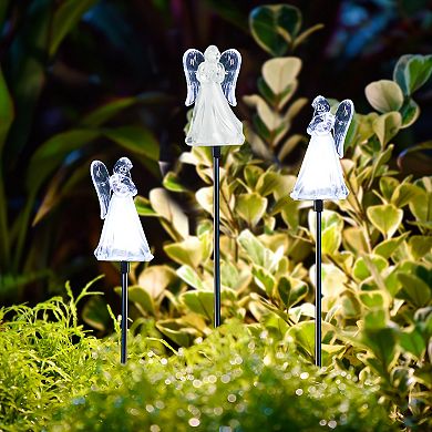 Glitzhome Set Of 3 Solar Led Angel Garden Stake Light