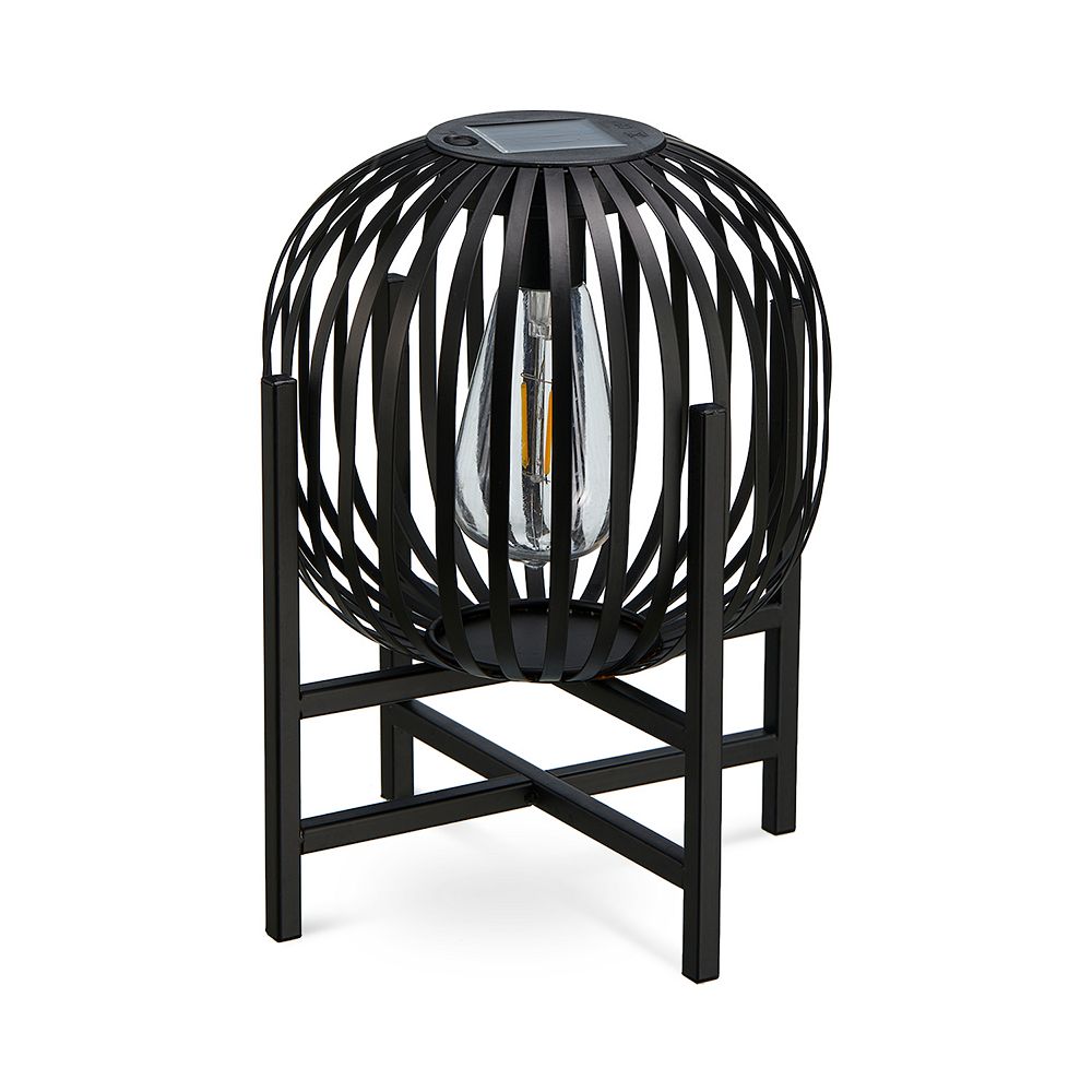 Glitzhome 11.50 H Black Metal Stripes Solar Powered Edison Bulb Outdoor Lantern
