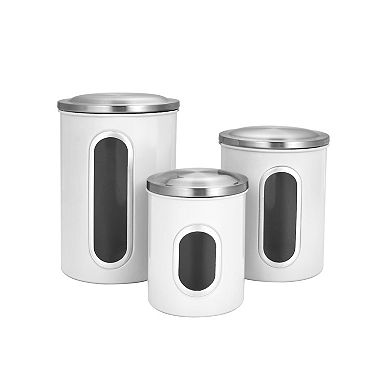 3 Piece Set Of Nesting Stainless Steel Canisters. With Tight Fitting Lids And Clear-view Windows