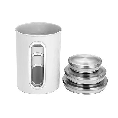 3 Piece Set Of Nesting Stainless Steel Canisters. With Tight Fitting Lids And Clear-view Windows