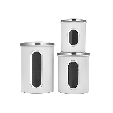 3 Piece Set Of Nesting Stainless Steel Canisters. With Tight Fitting Lids And Clear-view Windows