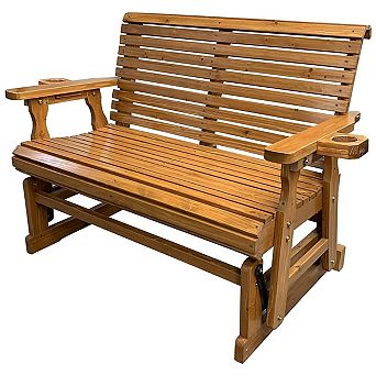 Wooden Patio Glider With Cup Holders, High Roll Back And Deep Contoured Seat, 2-seater